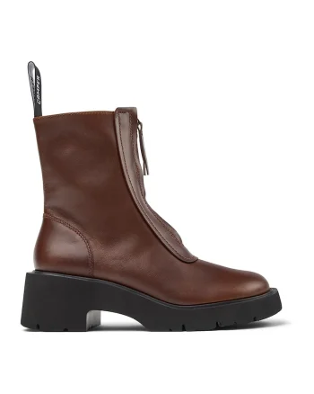 Ghete din piele cu toc si fermoar frontal, Maro cognac