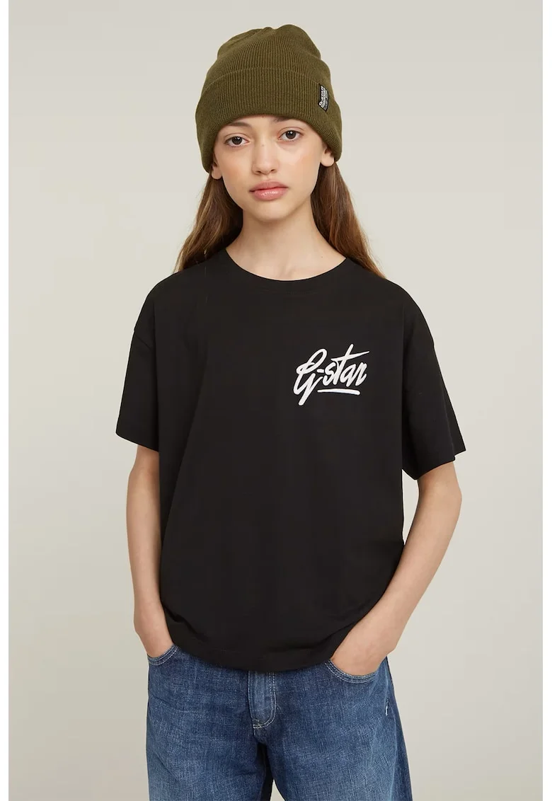Tricou lejer din bumbac organic cu broderie logo, Alb/Negru