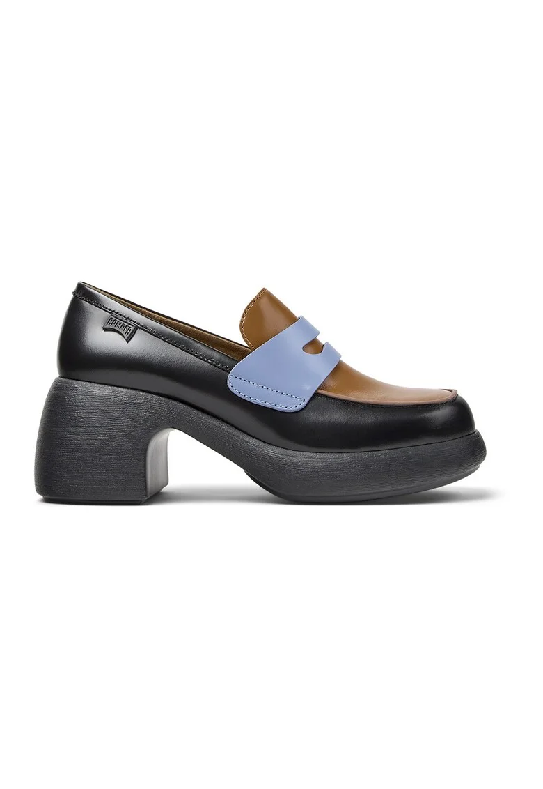 Pantofi din piele cu toc masiv Twins, Negru/Maro deschis/Albastru deschis