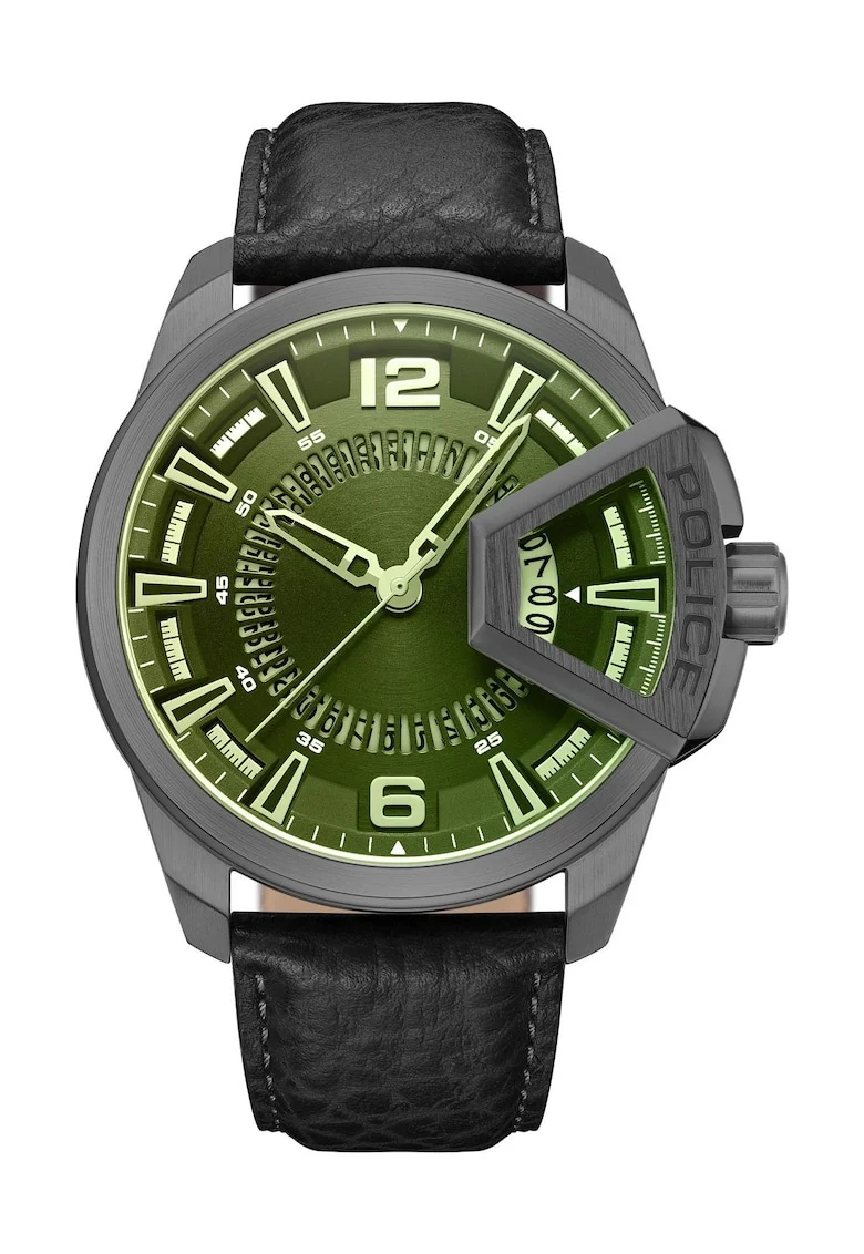 Ceas barbati  curea neagra din piele, carcasa inox, cadran verde, mecanism quartz, rezistenta la apa 5 ATM