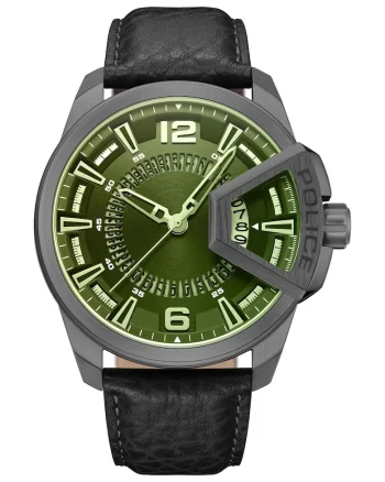 Ceas barbati  curea neagra din piele, carcasa inox, cadran verde, mecanism quartz, rezistenta la apa 5 ATM