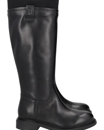 Cizme mid-calf de piele cu garnitura din material textil, Negru