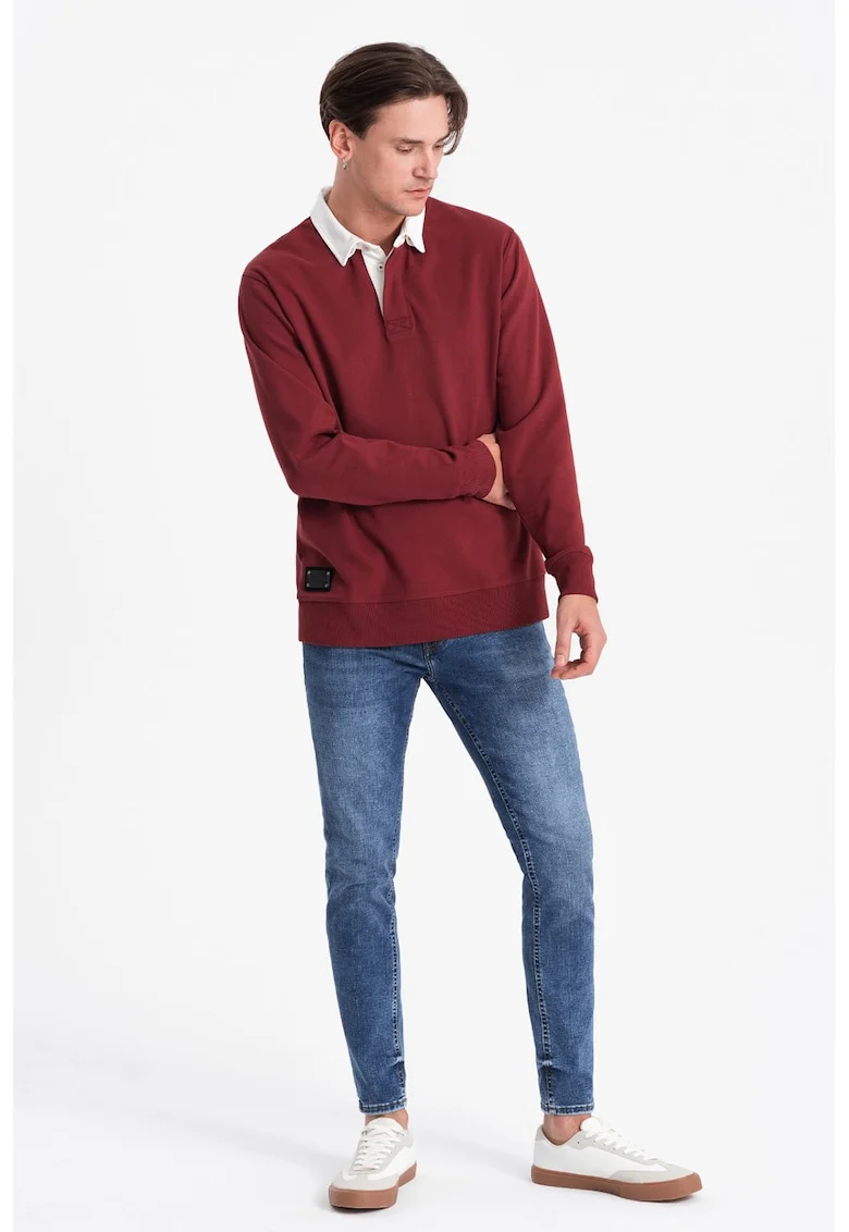Bluza polo lejera de trening cu fenta cu nasturi, Visiniu