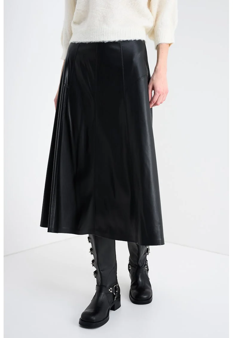 Fusta midi de piele ecologica, Negru