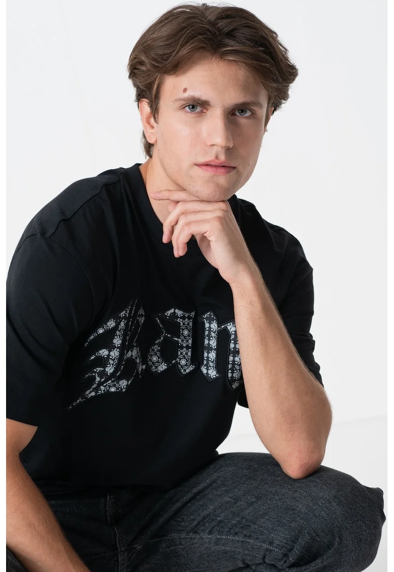 Tricou cu imprimeu logo, Alb/Negru/Negru stins