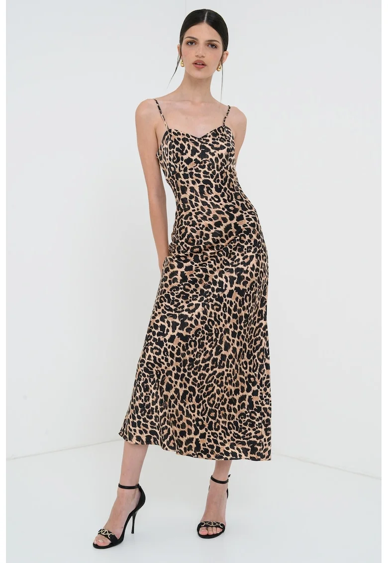 Rochie lunga de satin, Negru/Maro deschis