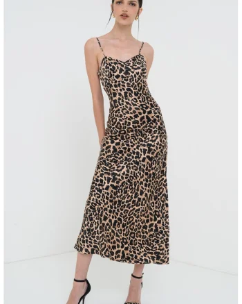 Rochie lunga de satin, Negru/Maro deschis
