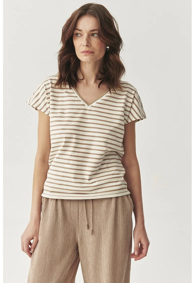 Tricou cu decolteu in V, Alb/Bej inchis