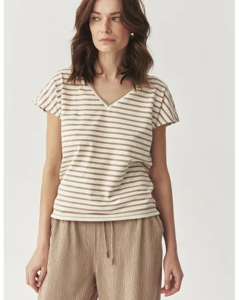 Tricou cu decolteu in V, Alb/Bej inchis