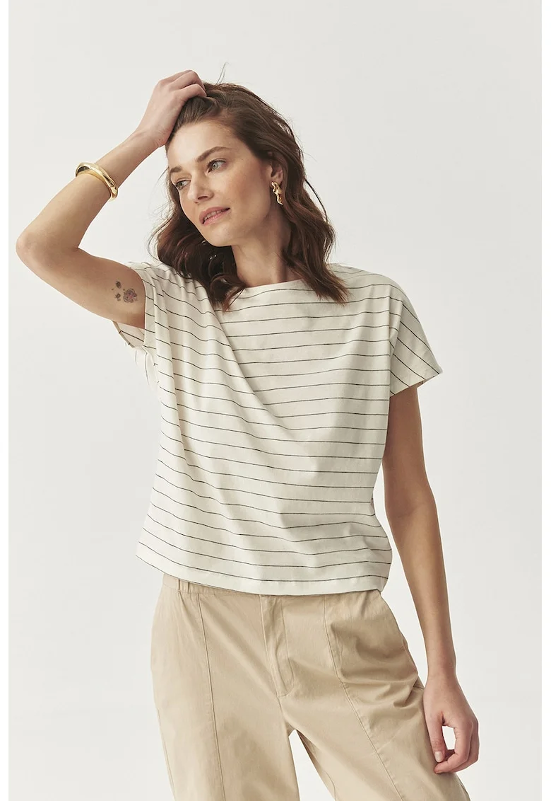 Tricou cu decolteu in V si model in dungi, Negru/Alb murdar