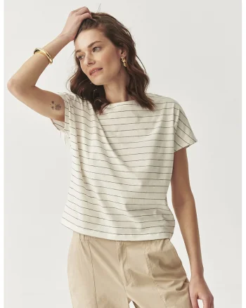 Tricou cu decolteu in V si model in dungi, Negru/Alb murdar