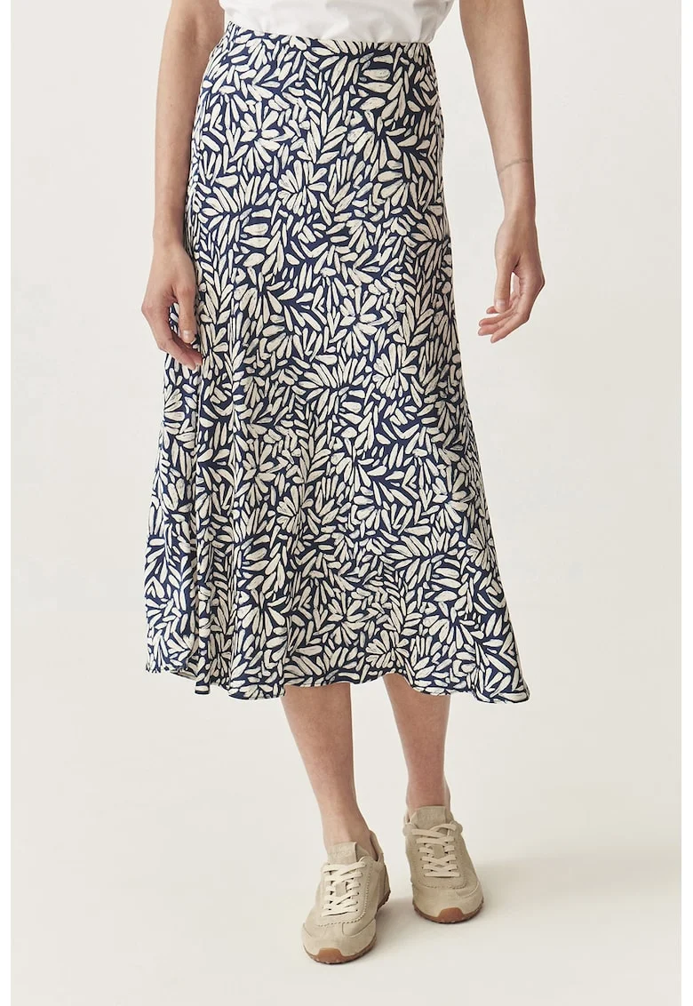 Fusta midi cu model, Alb/Bleumarin
