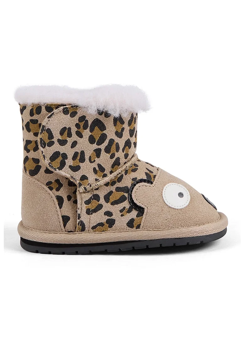 Ghete de piele intoarsa cu animal print si captuseala de lana, Negru/Maro nisip