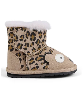 Ghete de piele intoarsa cu animal print si captuseala de lana, Negru/Maro nisip