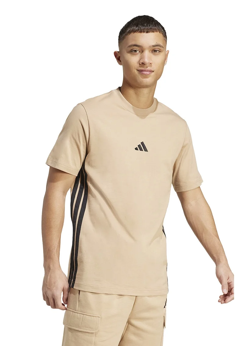 Tricou din bumbac cu decolteu la baza gatului si logo, Negru/Maro camel