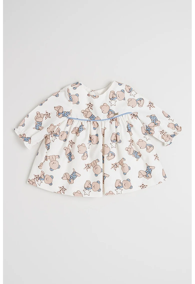 Rochie evazata cu model, Alb fildes/Albastru prafuit/Maro deschis