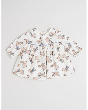 Rochie evazata cu model, Alb fildes/Albastru prafuit/Maro deschis