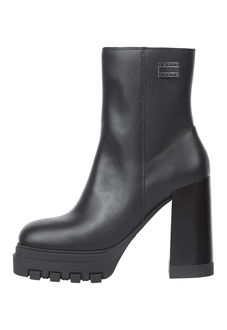 Botine de piele cu varf patrat, Negru