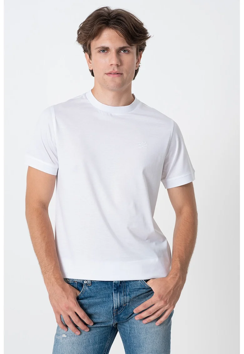 Tricou uni din bumbac cu decolteu la baza gatului, Alb optic