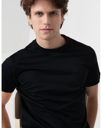 Tricou uni din bumbac cu decolteu la baza gatului, Negru