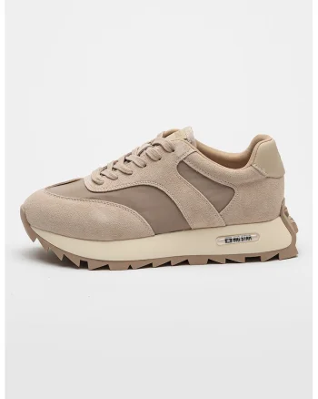 Pantofi sport cu insertii de piele intoarsa, Bej/Maro taupe deschis