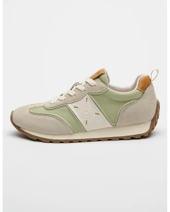 Pantofi sport low-cut cu detalii de piele intoarsa, Alb/Maro scortisoara/Verde pal