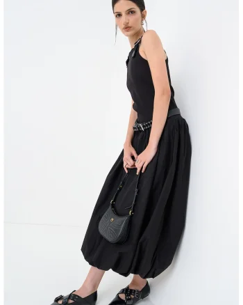 Rochie midi din amestec de bumbac cu buzunare laterale, Negru