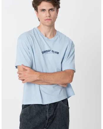 Tricou cu decolteu la baza gatului si imprimeu logo, Albastru deschis