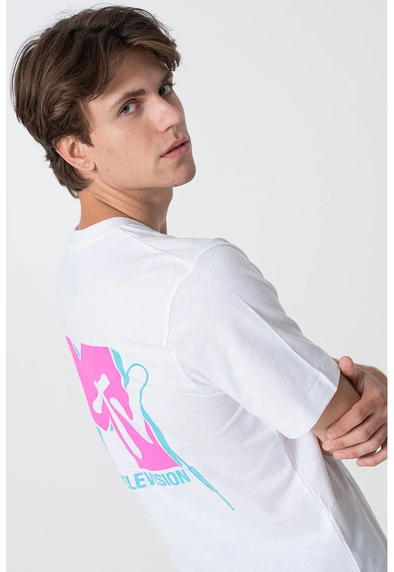 Tricou de bumbac cu imprimeu grafic pe partea din spate, Alb/Roz