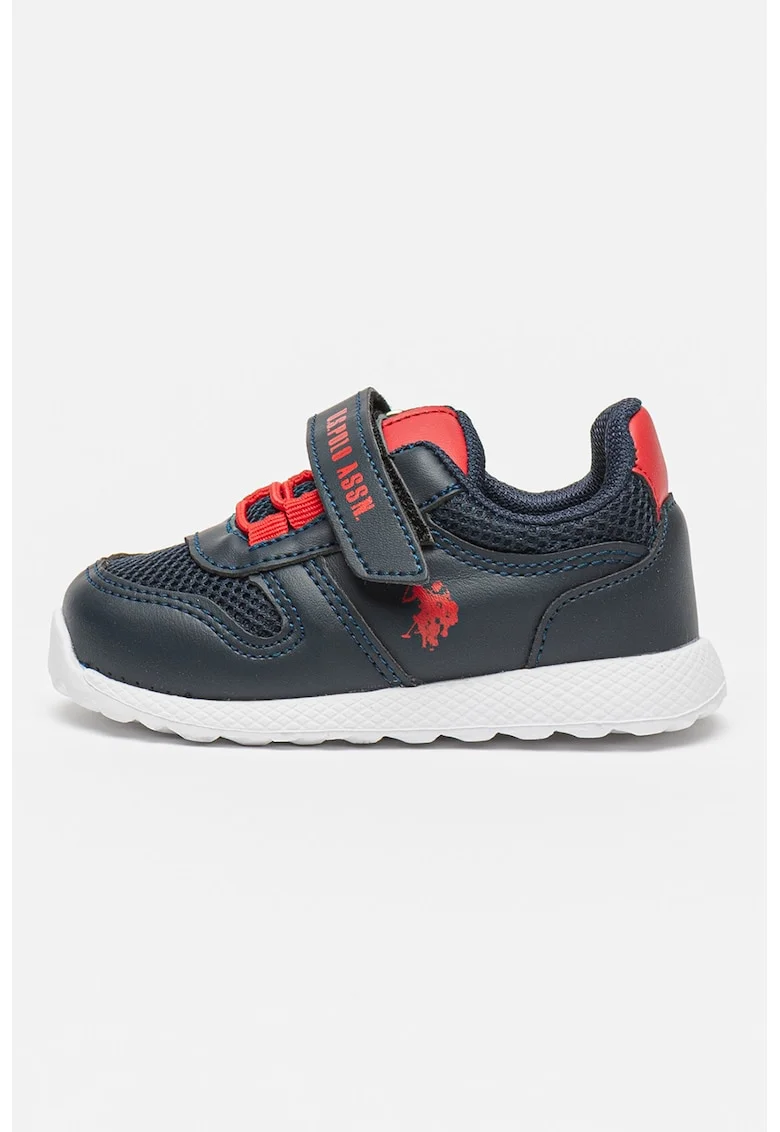 Pantofi sport din piele ecologica cu garnituri din material textil si velcro, Rosu/Albastru ultramarin