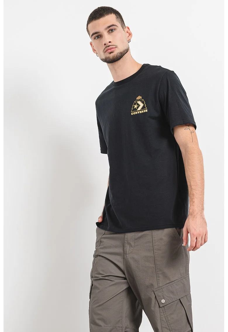 Tricou cu decolteu la baza gatului si logo Ufo, Verde/Negru