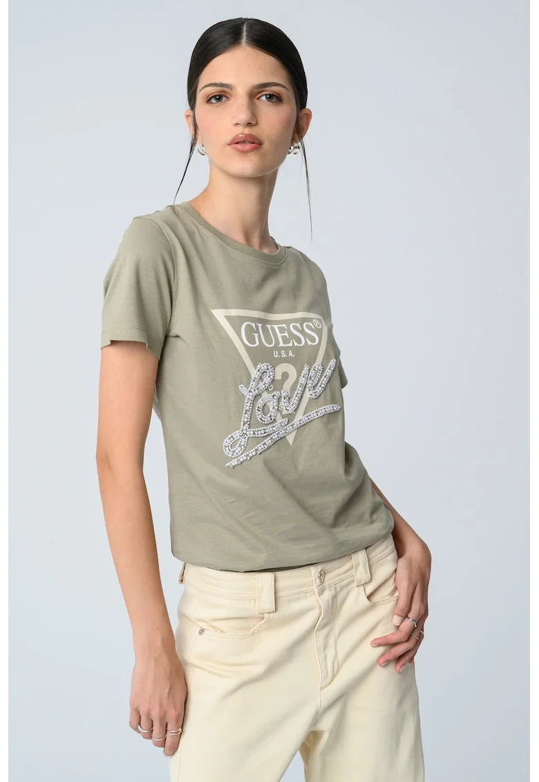 Tricou din bumbac cu imprimeu logo si aplicatie cu margele, Verde pal