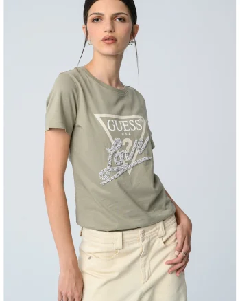 Tricou din bumbac cu imprimeu logo si aplicatie cu margele, Verde pal