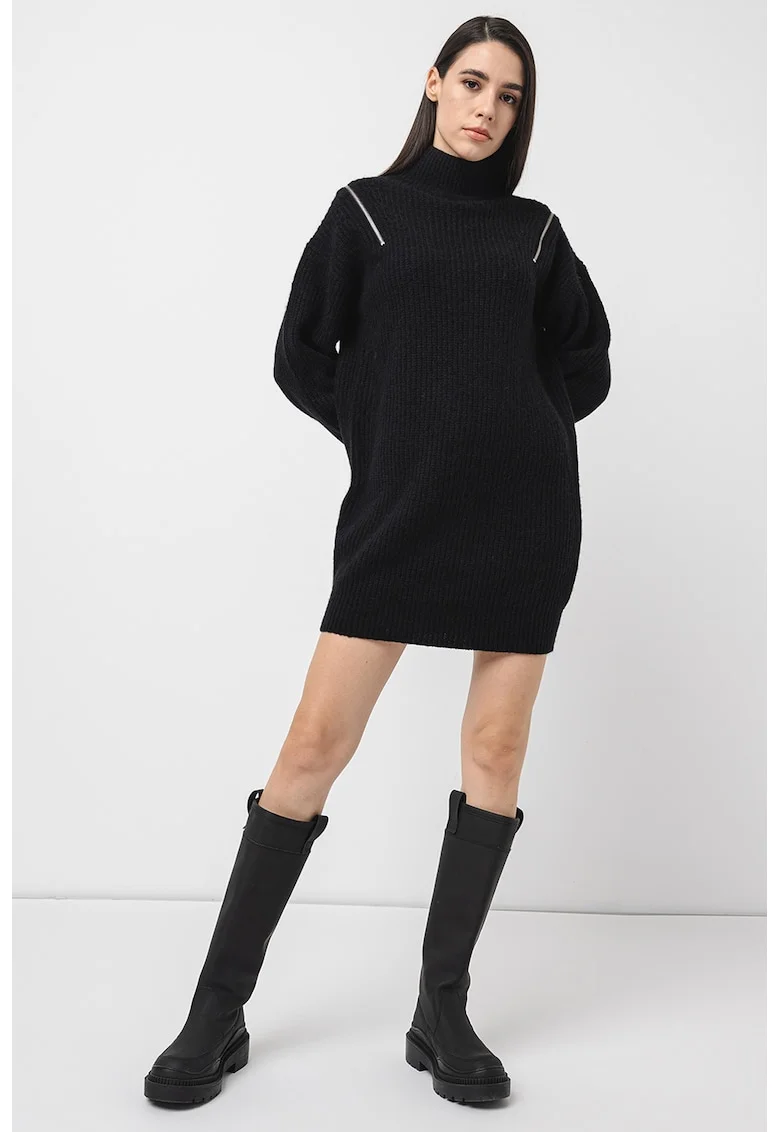 Rochie-pulover cu detalii cu fermoar, Negru