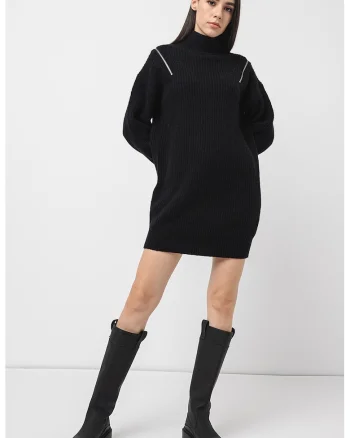 Rochie-pulover cu detalii cu fermoar, Negru