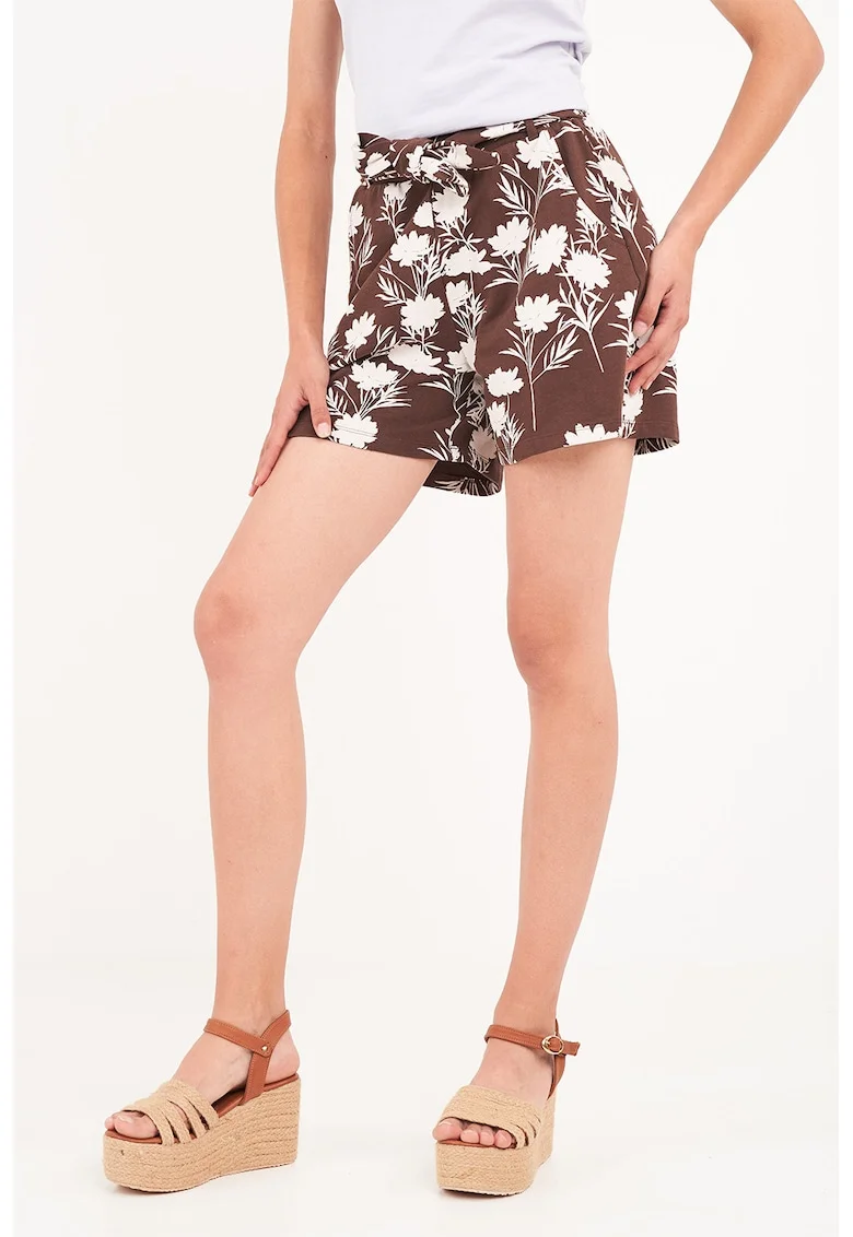 Pantaloni scurti cu model tropical, Alb/Maro