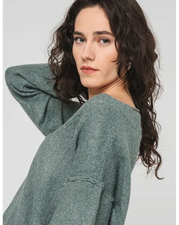 Pulover lejer cu decolteu in V, Verde deschis/Alb murdar