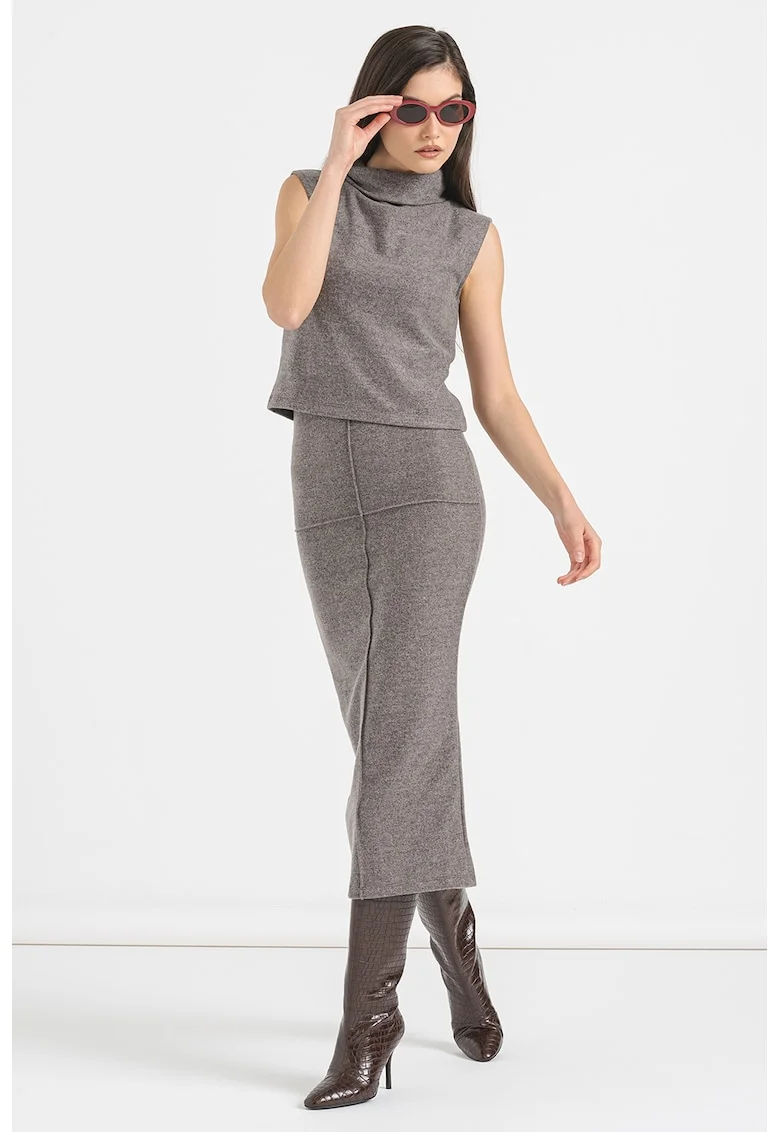 Bluza crop cu guler inalt, Maro taupe