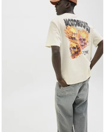 Tricou lejer de bumbac cu imprimeu grafic si text, Portocaliu/Negru stins/Alb murdar
