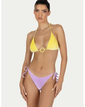 Costum de baie cu doua piese, doua nuante si cupe triunghiulare, Galben pal/Lila