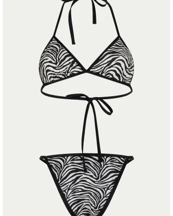 Costum de baie din doua piese cu animal print, Negru/Alb optic