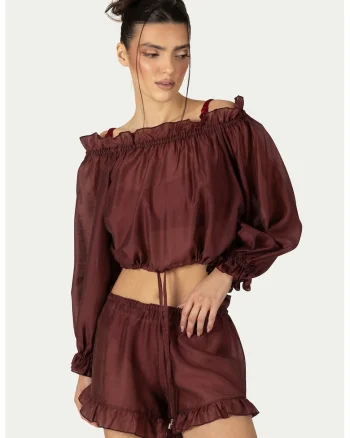 Set de bluza crop de plaja si camasa - 2 piese, Rosu inchis