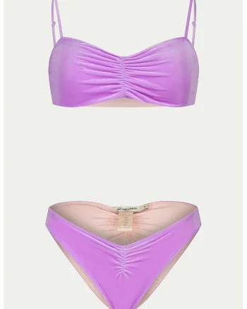 Costum de baie din doua piese cu aspect de catifea si fronseu Chica, Violet