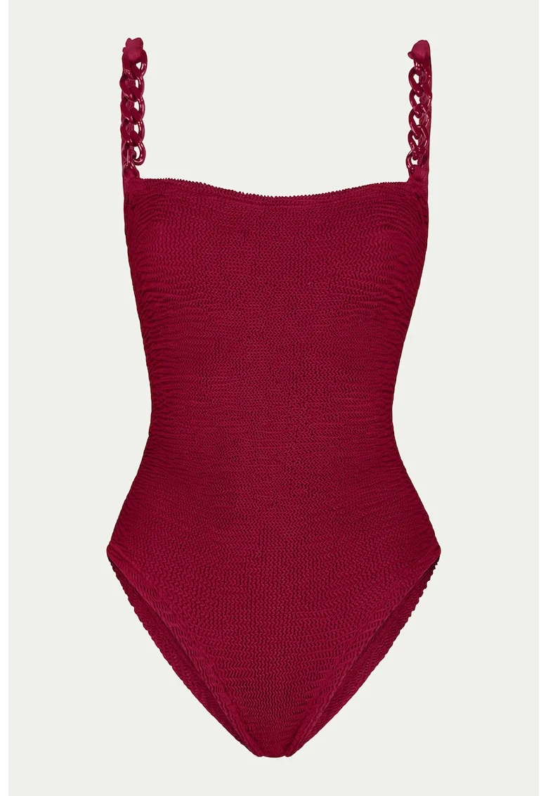Costum de baie intreg texturat cu barete de lant, Rosu inchis