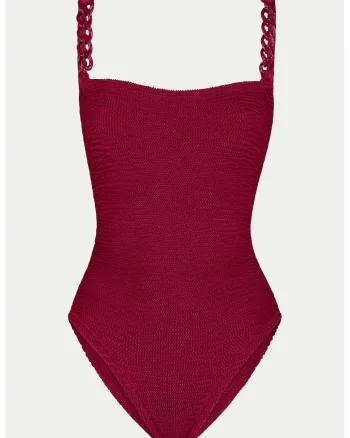 Costum de baie intreg texturat cu barete de lant, Rosu inchis