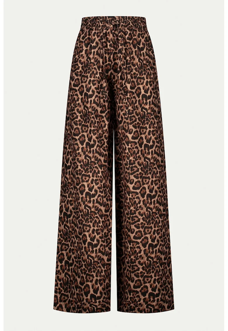 Pantaloni din in cu animal print, Negru/Maro pamantiu