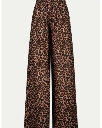 Pantaloni din in cu animal print, Negru/Maro pamantiu