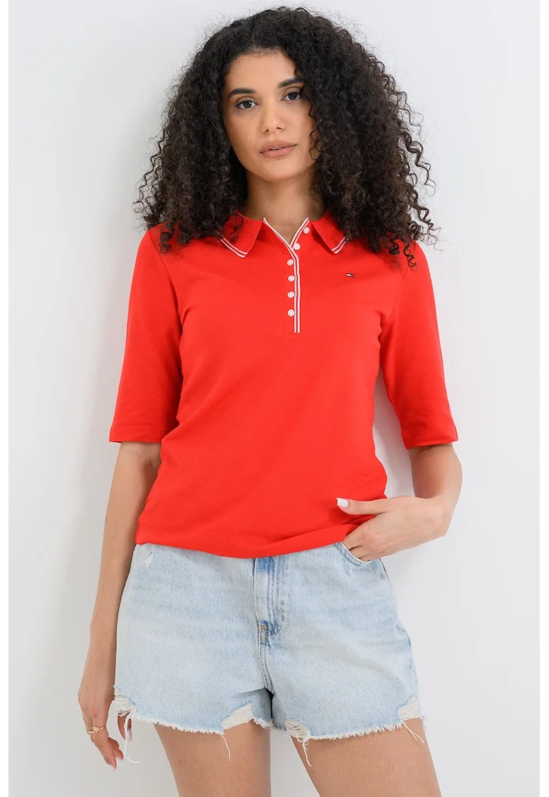 Bluza polo din amestec de lyocell si bumbac cu maneci medii, Rosu
