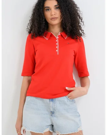 Bluza polo din amestec de lyocell si bumbac cu maneci medii, Rosu