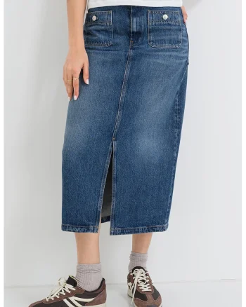 Fusta lunga din denim cu slit frontal, Albastru prafuit
